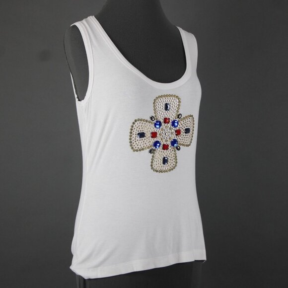 St John Jeans Sz M White Gold Studded Rhinestones Cross Rayon Spandex Tank Top - Picture 5 of 16
